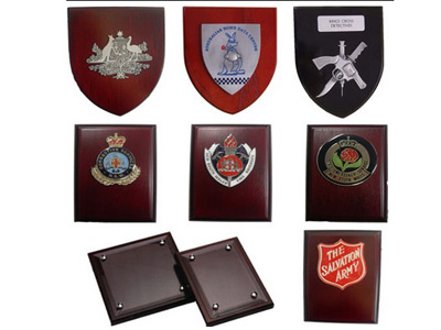 Wooden Plaque with Metal Badge