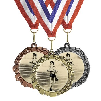 Gold silver & copper metal running medal with ribbon